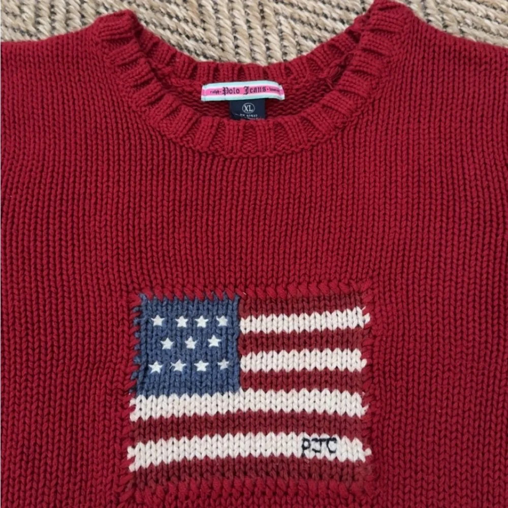 Vintage Polo Jeans Co. Ralph‎ Lauren American Flag USA Crewneck Red Knit Sweater - Picture 5 of 10